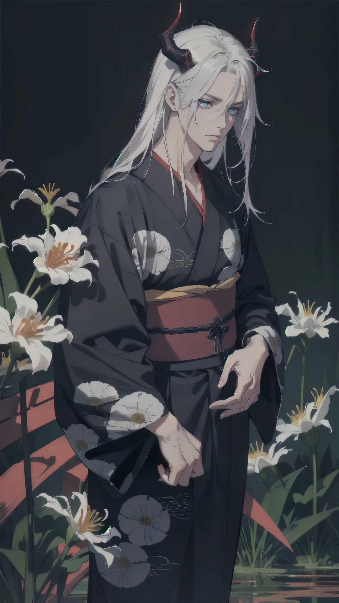 1male, masculine, ((mature)), sharp feature, masterpiece, ultra detailed, sharpened, white hair, long hair, messy hair, blue eyes, red yukata, ((red tattoos)) black underclothing, ((horns)), (old japan background), detailed background, expressionless, emotionless, old japan town background, spider lillies, red spider lilly, dark atmosphere, dark background, ((detailed eyes)), ((detailed hands)), detailed face, illuminated eyes, dynamic lighting