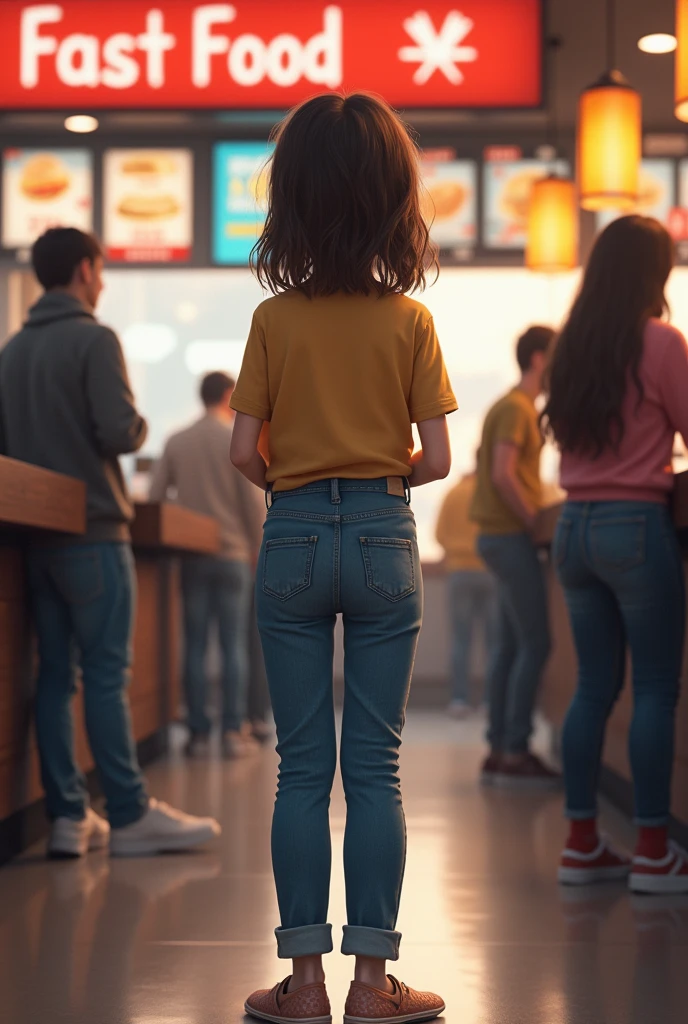 pp clothes), from behind, young cute caucasian girl, jeans, waiting in line, fast food restaurant