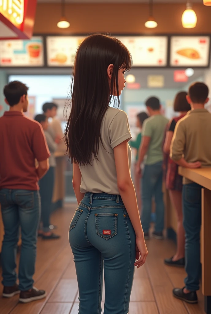 pp clothes), from behind, young cute caucasian girl, jeans, waiting in line, fast food restaurant