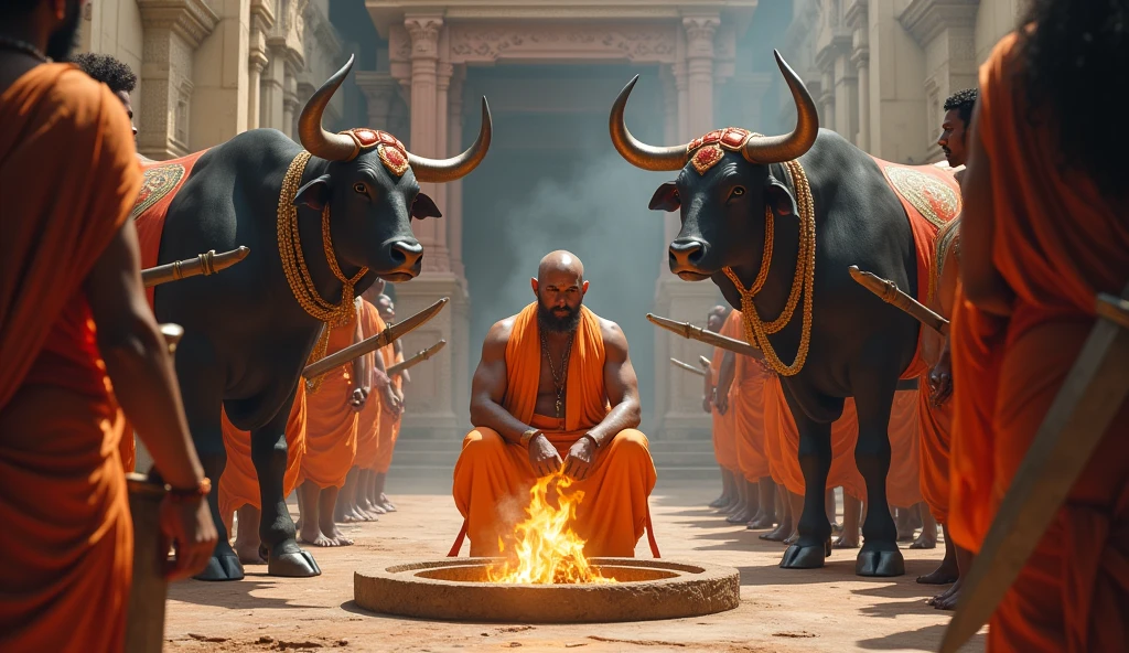 Brahmin man seating front of "agni kund" and some people  holding a bull in front of them.  One man holding a "big sward" for kill that bull. Generate image of sacrificial bull in hindu festival