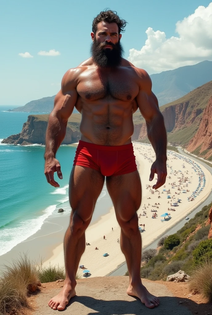 There is a strong, hairy, bearded, very hairy mixed-race man in red underwear posing for a photo standing on a rock at a viewpoint at the end of a paved road with a privileged view just below a large lagoon of brown waters and a white sand beach with many people..