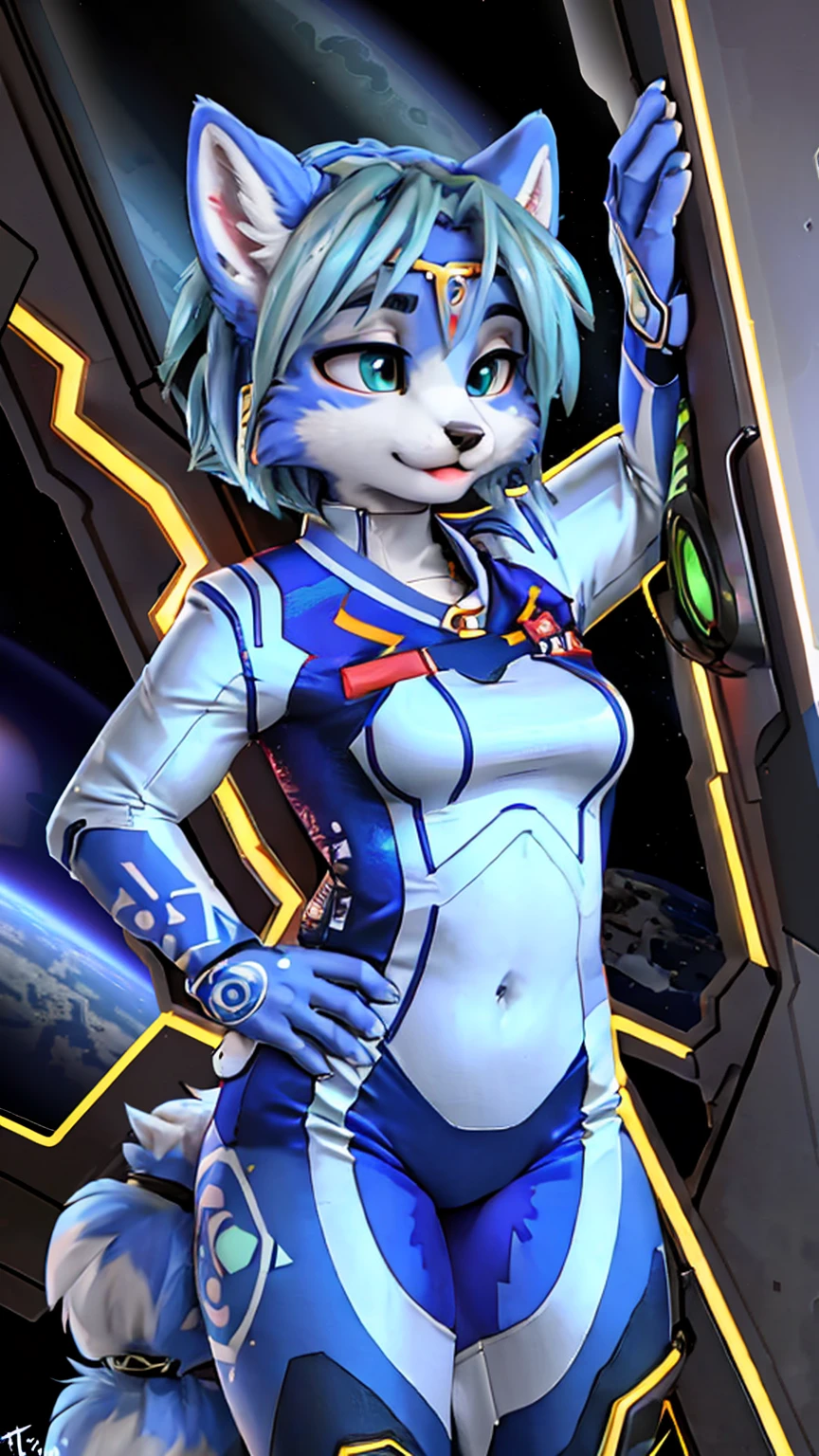 a picture of ((krystal)), Star Fox krystal, sslim, lovable, green eyes, medium breasts, (((Long blue hair 1.3))), Decollete, anthro, furry, Uploaded E621, detailed fluffys fell, (von Fluff-Kevlar, Bayard Wu, Pino Daeni), detailed face, (fluffy), 1 girl, alone, sweet girl, (((hole body))), (((trägt einen gepanzertzen lila spacesuit:1.3))), (((floating in space))), galaxy, spacesuit, (((beschädigter spacesuit))), injured, 