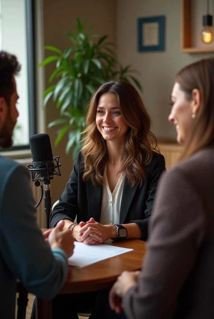 Caucasian woman on podcast interviewing a man and woman couple