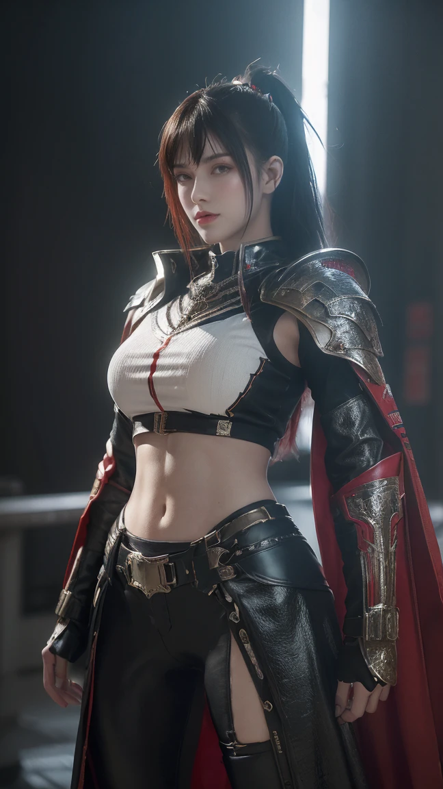 tmasterpiece,Best quality,A high resolution,8K,(Portrait photograph:1.5),(ROriginal photo),real photograph,digital photography,(Combination of cyberpunk and fantasy style),(Female soldier),20 year old girl,random hair style,By bangs,(Red eyeigchest, accessories,Redlip,(He frowned,Sneer),(Cyberpunk combined with fantasy style clothing,Openwork design,joint armor,police uniforms,Racing Girl Coat),exposing your navel,Photo pose,Realisticstyle,Thunder and lightning on rainy day,(Thunder magic),oc render reflection texture