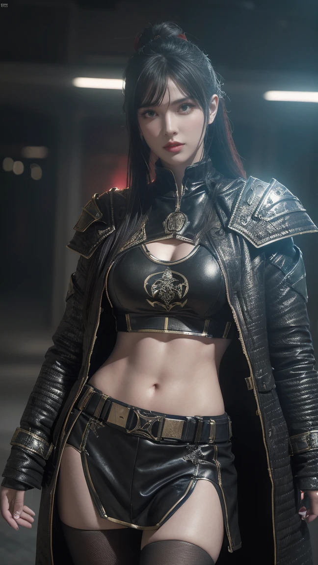tmasterpiece,Best quality,A high resolution,8K,(Portrait photograph:1.5),(ROriginal photo),real photograph,digital photography,(Combination of cyberpunk and fantasy style),(Female soldier),20 year old girl,random hair style,By bangs,(Red eyeigchest, accessories,Redlip,(He frowned,Sneer),(Cyberpunk combined with fantasy style clothing,Openwork design,joint armor,police uniforms,Racing Girl Coat),exposing your navel,Photo pose,Realisticstyle,Thunder and lightning on rainy day,(Thunder magic),oc render reflection texture