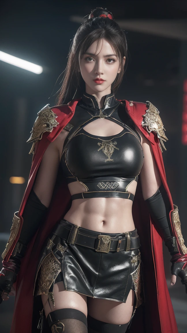 tmasterpiece,Best quality,A high resolution,8K,(Portrait photograph:1.5),(ROriginal photo),real photograph,digital photography,(Combination of cyberpunk and fantasy style),(Female soldier),20 year old girl,random hair style,By bangs,(Red eyeigchest, accessories,Redlip,(He frowned,Sneer),(Cyberpunk combined with fantasy style clothing,Openwork design,joint armor,police uniforms,Racing Girl Coat),exposing your navel,Photo pose,Realisticstyle,Thunder and lightning on rainy day,(Thunder magic),oc render reflection texture
