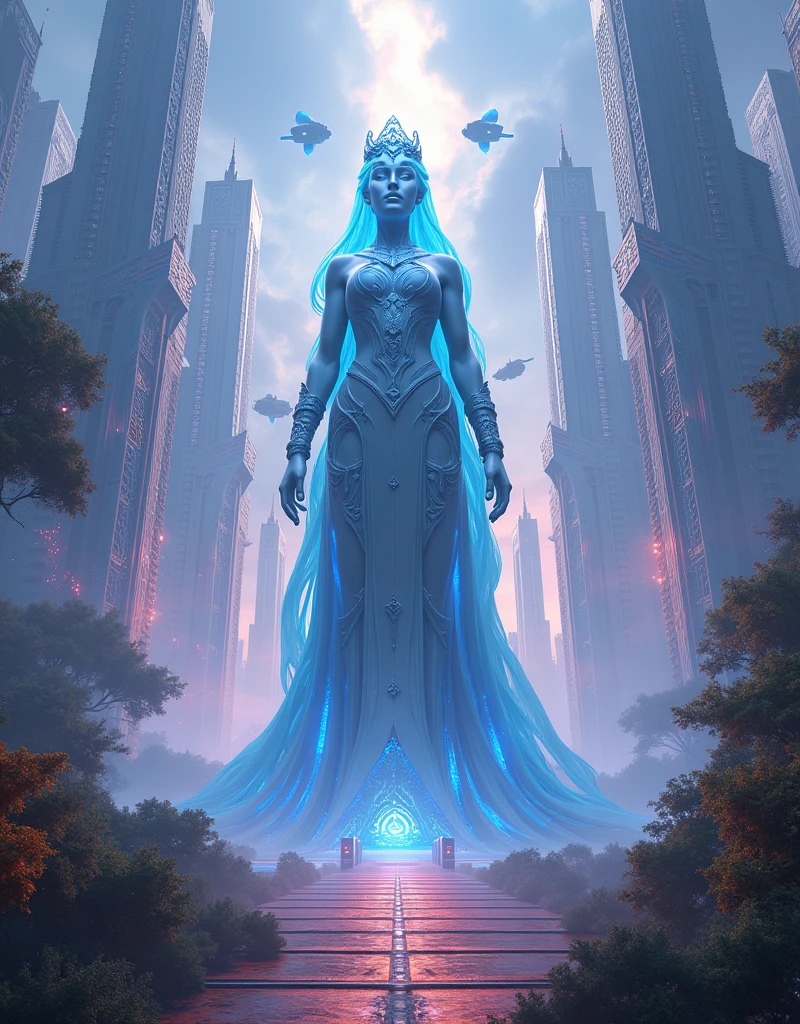 Ultra-detailed, 8k resolution futuristic cityscape on Nova Aeterna, blending ancient cultural architecture with cutting-edge technology. Towering crystalline skyscrapers with intricate lattice designs rise above bioluminescent forests, while hovering vehicles glide through the neon-lit sky. In the foreground, a massive, luminous statue of Queen Elara stands as a guardian of peace. Cinematic lighting, hyper-realistic textures, depth of field, and dynamic atmospheric effects