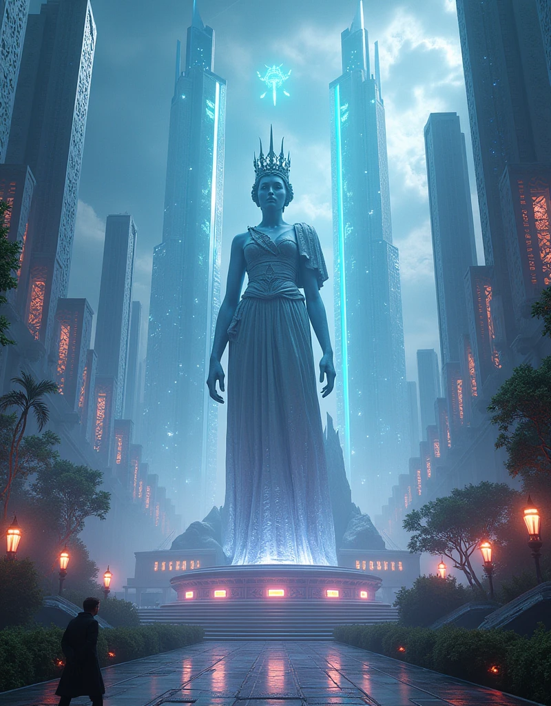 Ultra-detailed, 8k resolution futuristic cityscape on Nova Aeterna, blending ancient cultural architecture with cutting-edge technology. Towering crystalline skyscrapers with intricate lattice designs rise above bioluminescent forests, while hovering vehicles glide through the neon-lit sky. In the foreground, a massive, luminous statue of Queen Elara stands as a guardian of peace. Cinematic lighting, hyper-realistic textures, depth of field, and dynamic atmospheric effects