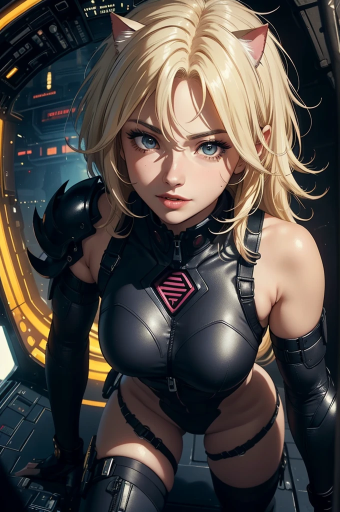 ((highest quality)), ((masterpiece)), (be familiar with), (High definition), 8K, Perfect Face、2Women、Two blonde women with cat ears、((モビルスーツの2cockpitのコックピットでスタンバイ中))、Fearless smile、tall、2 Blonde cat ears、2. Long Hair、2. Volumetric hair style、Large Breasts、Narrow waist、Big Ass、glamorous、Alluring、protector、Armor、combat suit、Combat Boots、Armament、Cinematic、Best Shadow、Side lighting、NEO TOKYO、((cockpit))、(Close-up of face)