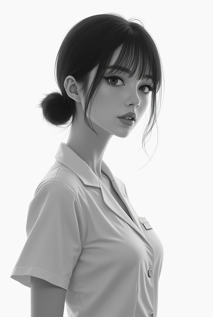 Monochrome、Beautiful Japanese woman in medical uniform
