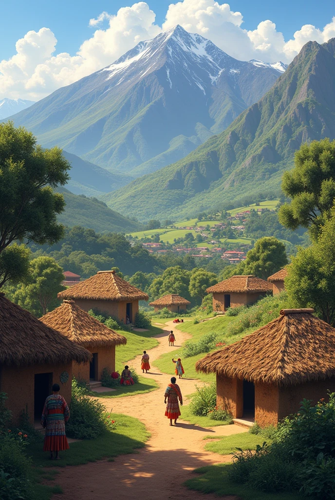 Please generate a landscape of the municipality of Arcabuco Boyacá as it was in pre-Columbian times, muisca chibcha culture, mountains, adobe huts,clay tile roofs, people with ruana