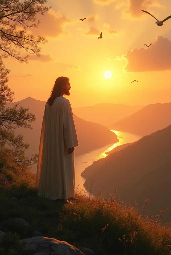 6. Jesus Watching a Sunrise from a Hilltop: A beautiful, calming image of Jesus standing on a grassy hilltop, watching the sunrise. His silhouette is softly illuminated by the warm, golden light of the rising sun. The landscape around him is vast, with rolling hills and a distant river catching the first light of day. His expression is one of quiet joy and reflection, as if taking in the beauty of the new day with gratitude. Birds are just beginning to stir in the trees, and the whole scene fe