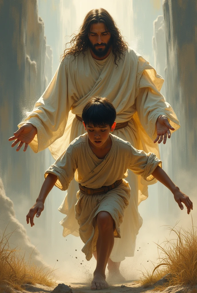 In anger, Jesus throws a baby down the mountain.