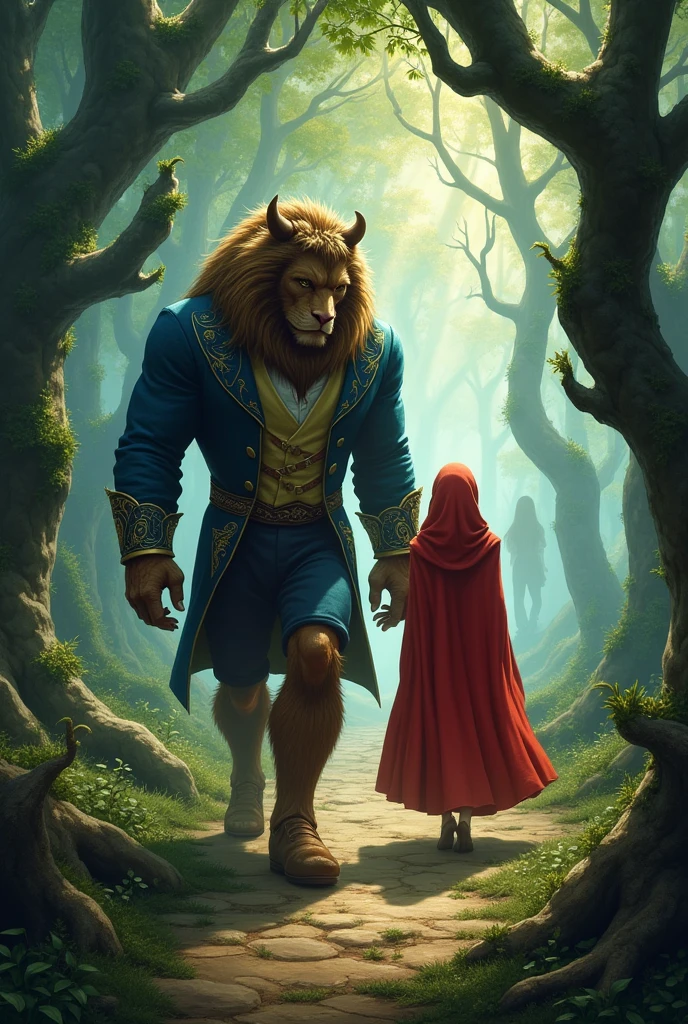 the beautiful, The beast and Little Red Riding Hood went on a walk through the forest facing witches