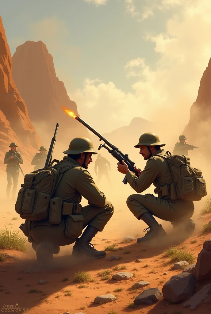 Two soldiers fleeing from guerrillas in a desert area were camping when they were attacked by the enemy.