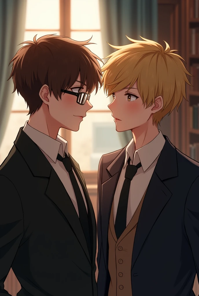 Teenage boy with glasses and brown hair and brown eyes with Elegant suit Talks to teenage boy with blonde short hair 