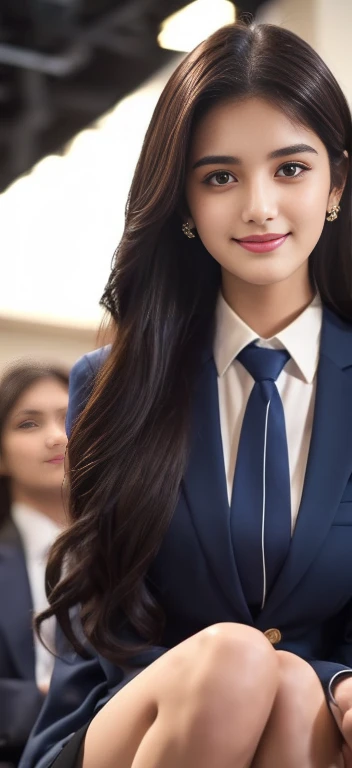 4K photograph, amateur photo posted to  ,beautiful female ,dress ,living room
score_9, score8_up, (masterpiece:1.5), uhd:1.3, 16k, RAW photo, highly detailed, intricately detailed, ultra realistic, stunning beautiful girl, (Highest quality, Very detailed, Attention to detail, digital coloring,  Best aesthetics), ((1 girl)), Black Hair, Straight Long Hair, Reddish brown eyes, Earrings, Collared shirt, Blue tie, smile, blush, JK, School uniforms, Friendly atmosphere, Beautiful illustrations, (((Low angle shot from below, Spanning the audience))), blue sky, Light, One Girl, Beautiful and well-defined legs and thighs, Highest quality, close, Super fine,