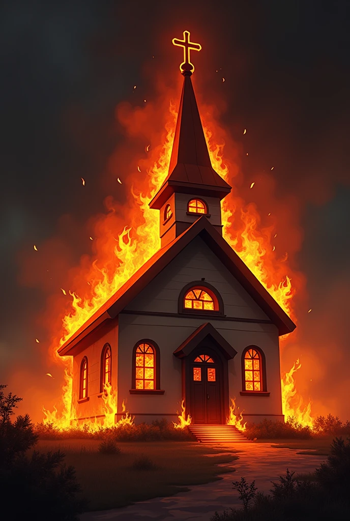 Create a digital artwork PNG of a small church engulfed in flames, viewed from a slightly elevated angle, as if looking down at it from a 30-degree angle. The church has a traditional architectural style with a pointed steeple topped with a cross. The flames are intense and rising from the roof, especially around the steeple. The church's windows and doors are glowing with an orange light, reflecting the fire inside. The scene should be dramatic, with the flames contrasting against a dark background. The art style should be modern, blending realism with cartoonish elements to keep the imagery striking but not overly realistic.