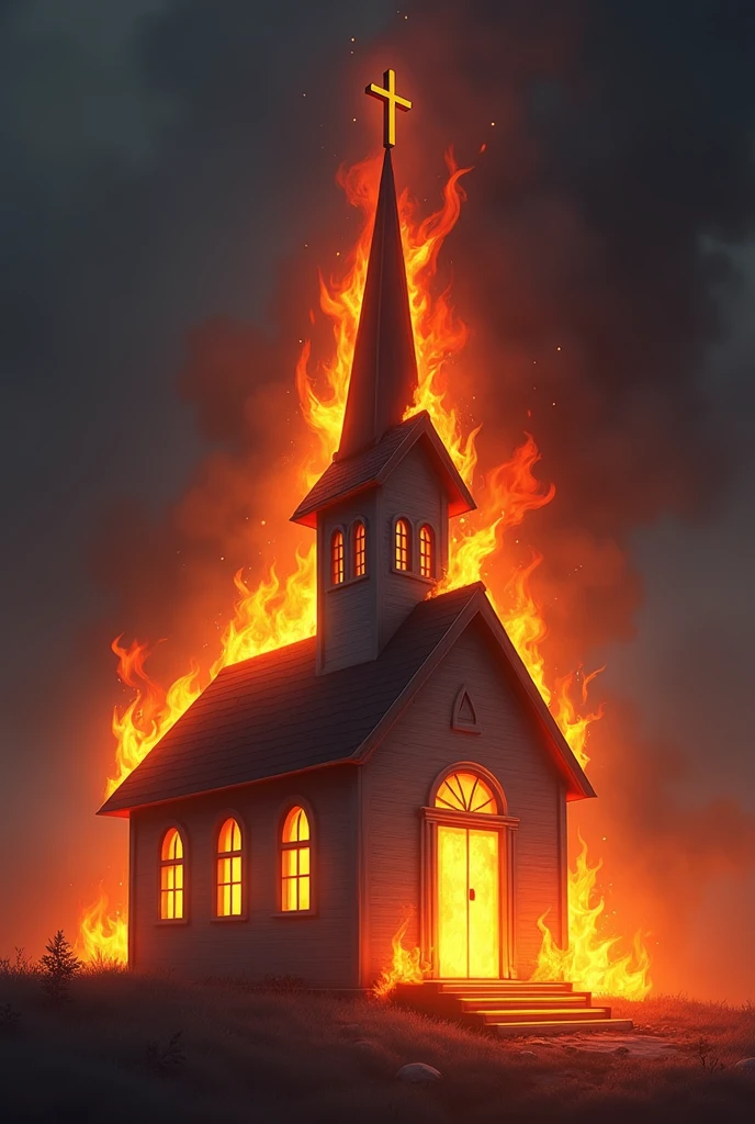 Create a digital artwork PNG of a small church engulfed in flames, viewed from a slightly elevated angle, as if looking down at it from a 30-degree angle. The church has a traditional architectural style with a pointed steeple topped with a cross. The flames are intense and rising from the roof, especially around the steeple. The church's windows and doors are glowing with an orange light, reflecting the fire inside. The scene should be dramatic, with the flames contrasting against a dark background. The art style should be modern, blending realism with cartoonish elements to keep the imagery striking but not overly realistic.