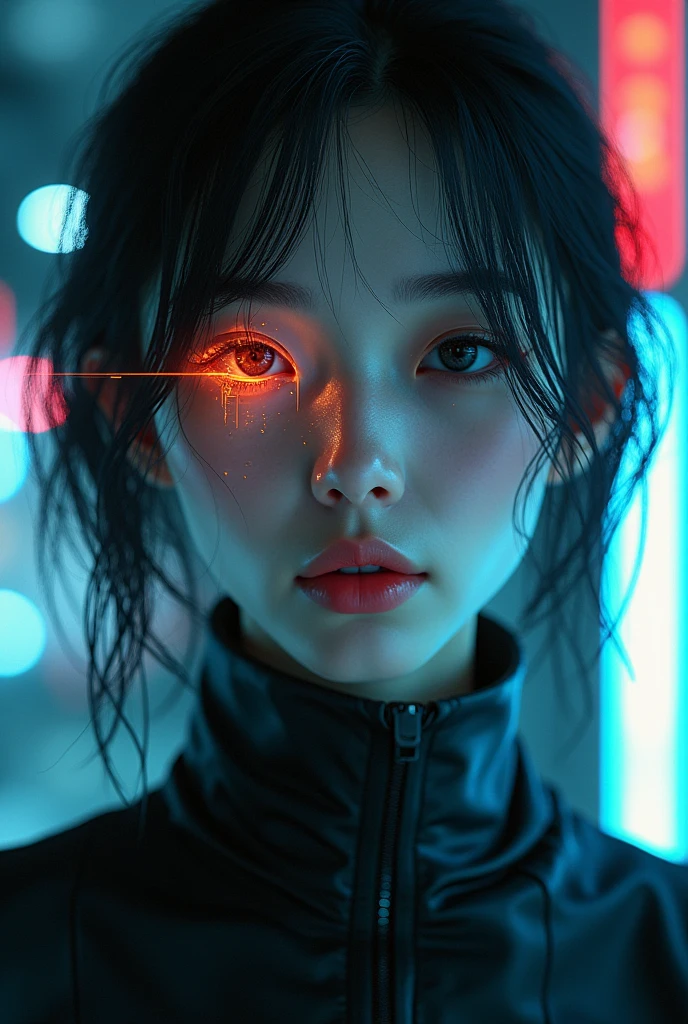 A music cover depicting an Asian woman who looks almost human, but it is clearly artificial, made by AI. The image must have a futuristic and cyberpunk aesthetic. The woman is beautifully detailed, with realistic face and features, but there are subtle signs of its artificiality, as visible circuits under the skin, glowing eyes or a digital glitch effect on part of your face. The background should be dark and moody, with a mix of neon lights and technological elements, creating a sense of high-tech world. The overall tone should evoke a sense of something that is both beautiful and disturbing., emphasizing the idea that it is not real, but rather a creation of artificial intelligence.