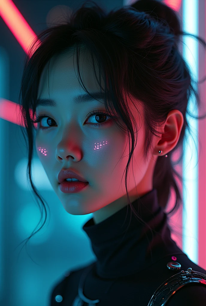 A music cover depicting an Asian woman who looks almost human, but it is clearly artificial, made by AI. The image must have a futuristic and cyberpunk aesthetic. The woman is beautifully detailed, with realistic face and features, but there are subtle signs of its artificiality, as visible circuits under the skin, glowing eyes or a digital glitch effect on part of your face. The background should be dark and moody, with a mix of neon lights and technological elements, creating a sense of high-tech world. The overall tone should evoke a sense of something that is both beautiful and disturbing., emphasizing the idea that it is not real, but rather a creation of artificial intelligence.