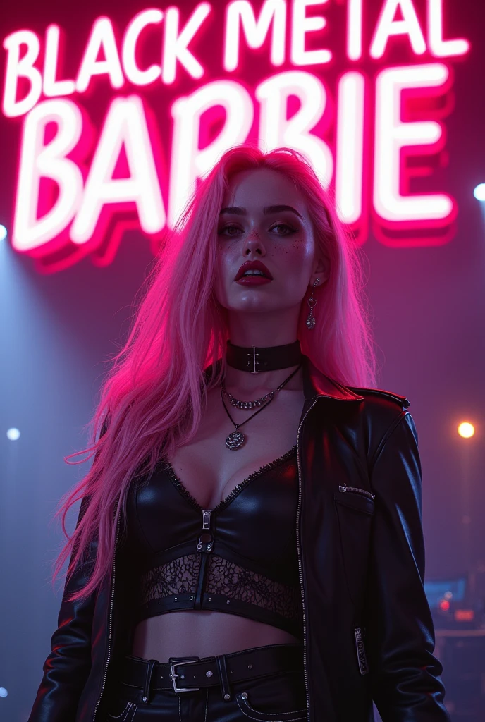 Beautiful model, perfect body, ultra realistic,  hyper realistic, 4k, photorealistic, black metal sexy rockstar , pink hair, braces, freckles, full body shot, perfect hour glass body, perfect large breast, thin waist , a sign overhead with the text “Black Metal  Barbie” in pink neon at the top on top of the girl, neon sparks falling from the text , performing on stage at a rock concert 