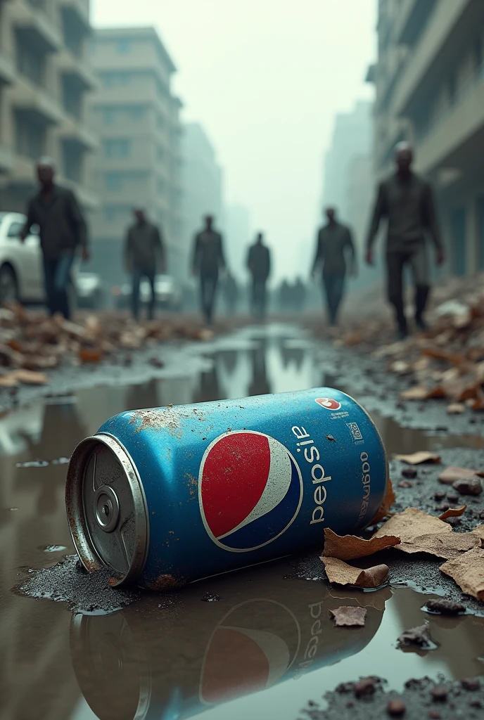 Re-imagining a Pepsi in a zombie apocalypse being spilled, the apocalypse is zombie