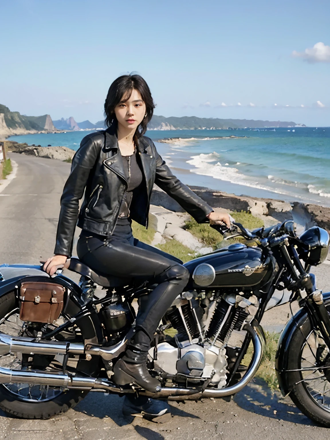 (Ride a classic motorcycle:1.2 )、(Vintage Bikes、Bluff Superior SS100)、Beautiful young Japanese woman、Beautiful Face, Black Hair, Short Bob Hair, Red classic leather jacket、goggles、(Accurate bike shape)、Photograph the entire bike、(The balance between people and bike size is our number one priority:1.2)、After the Rain、English countryside、 Coastal road with ocean view、Blur the background、Motion Blur、Photorealistic、(Highest quality, masterpiece, High resolution)、8k、wallpaper、