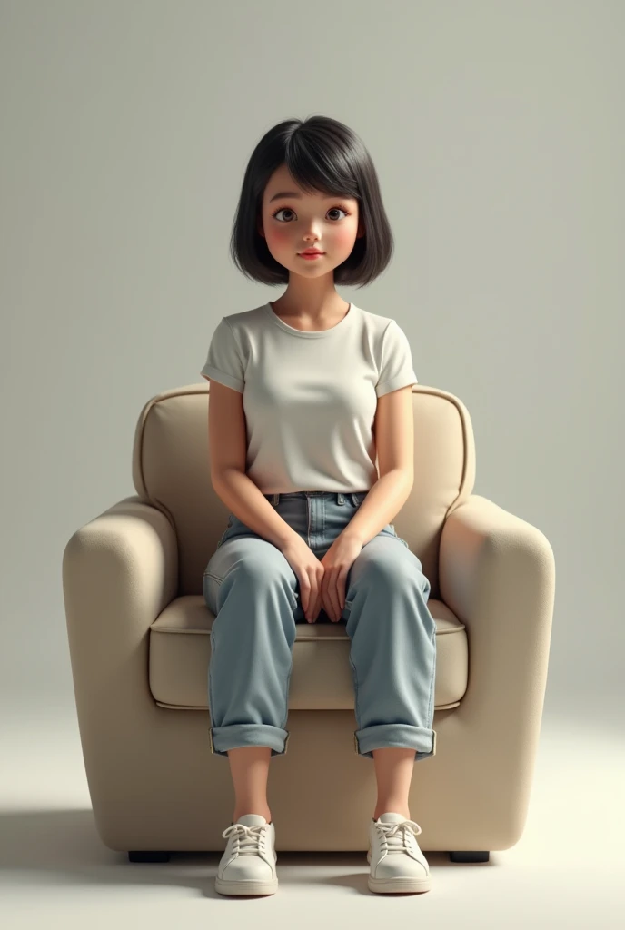 Real looking person sitting on a piece of furniture