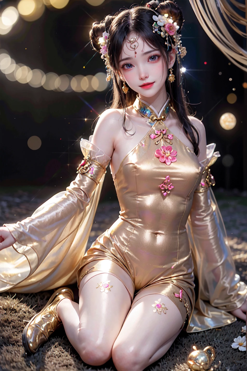 (a girl with beautiful detailed eyes,rosy lips and a radiant smile) (sits gracefully in a colorful blooming garden) (surrounded by vibrant flowers and lush greenery) (under the peaceful and gentle moonlight) (shining down from the celestial moon palace) (named after the legendary Chinese goddess Chang'e). (The girl holds a plate of delicious mooncakes) (decorated with intricate patterns and filled with sweet flavors) (symbolizing reunion and joy) (during the Mid-Autumn Festival). (A group of adorable rabbits) (playfully hop and frolic around the girl) (adding a playful and lively atmosphere to the scene).

(best quality, 4k, 8k, highres, masterpiece:1.2), ultra-detailed, (realistic, photorealistic, photo-realistic:1.37) (illustration) (crafted with meticulous brushwork and vibrant colors) (evoking the essence of traditional Chinese painting) (to create a harmonious blend of tradition and imagination). The (soft lighting) (illuminates the scene with a gentle glow) (accentuating the dream-like ambiance) (and enhancing the enchanting beauty of the girl and the garden). Additionally, the (assorted warm colors) (imbue the scene with a sense of comfort and tranquility) (while paying homage to the autumn season and the festival's traditional color palette).