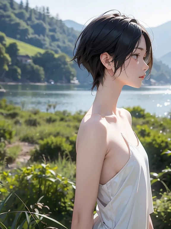 Beautiful Young Female ,Short hair ,Lake, extremely delicate and beautiful,Outstanding light and shadow, highly detailed wallpaper,Clear and bright sunlight, Professional portrait, Semi-nude photography, close up portrait of bathing in a lake, reeds, (backlighting) Sparkling water surface, masterpiece, Soaked in water, beltbra, Upper breasts, lens flare, Shade, bloom, [chromatic aberration], by Jeremy Lipking, by Antonio J. Manzanedo, digital painting, (((Misako Renbutsu))) 8K TopQuality