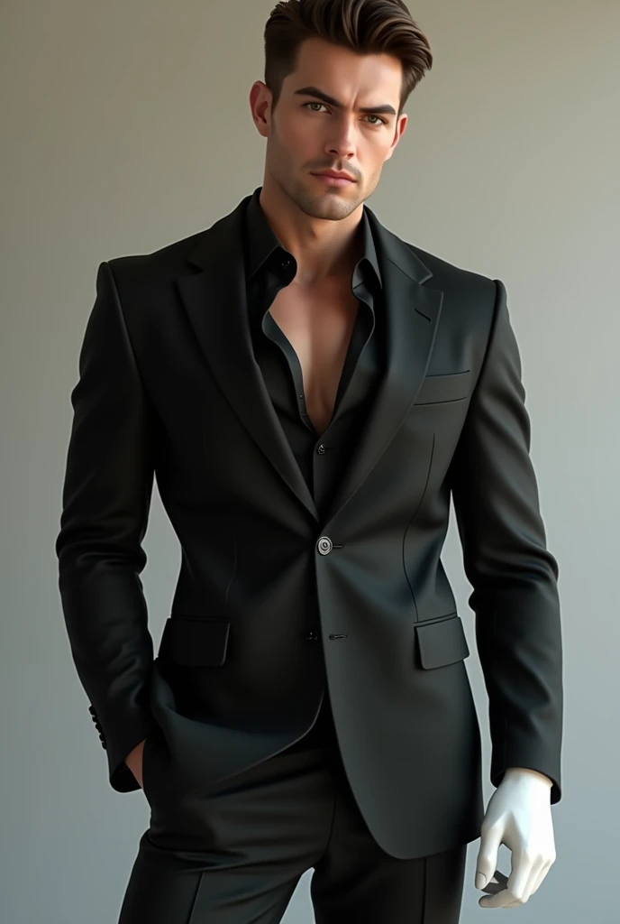 (photorealism) brown haired young man wearing a black suit standing sexually with an visible erection wearing a pair of white gloves