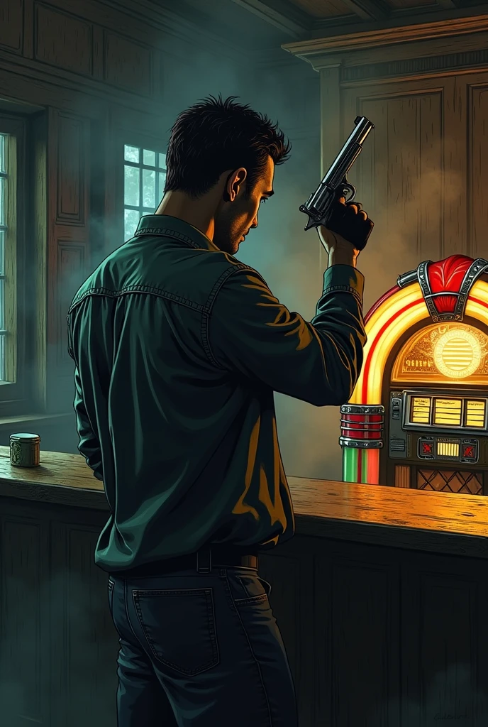 Man with gun in a bar with a jukebox, hand-drawn