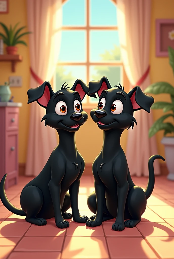 Make a picture of two dogs (black) being groomed, in Disney cartoon