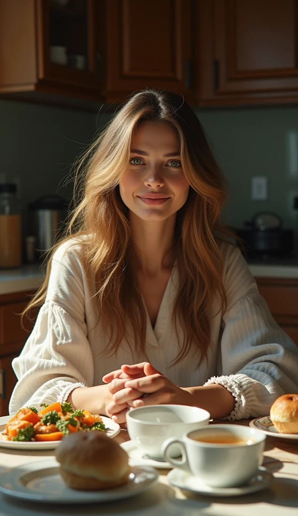 ((analog photo. 70s photo)) ((full medium shot))(realistic masterpiece photo. Ultra HD. Super beautiful European woman. Having breakfast. ((smiling)). Long wavy messy hair. Sitting in a 70s kitchen. blurred dark background. morning light. perfect body. perfect hands. orange and blue tones.