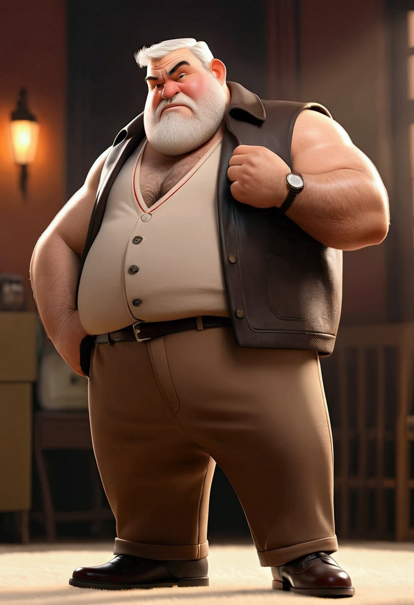 Muscular chubby old man, gangster 50s of the 20th century, mature dad, domineering and sexy sharp stern  face, short beard, wearing only a long open cashmere coat, hat on head and boots, right hand holding a Thompson machine gun raised, smoldering cigar in left hand, hairy muscle chest with small protruding nipples, big tight bearish very hairy belly, penis, hair on chest and belly stuck to the skin from sweat, dad's pose is repulsive and sexually attractive, full body side view, Chicago in the 50s , twilight,(best quality, 4k, 8k, high, masterpiece: 1.2), ultra detailed, ( realistic, photorealistic, photorealistic: 1.37), detailed face, intricate details, cinematic lighting, dramatic lighting, cinematic angle, cinematic pose, dramatic shadows