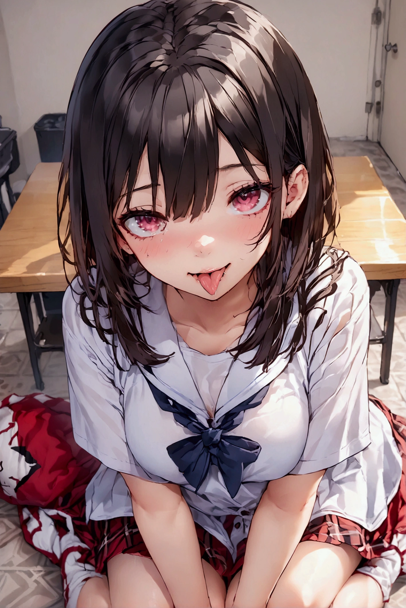 Cute schoolgirl is naked and sticking out her tongue、A face of joy、young、short hair、Ahegao