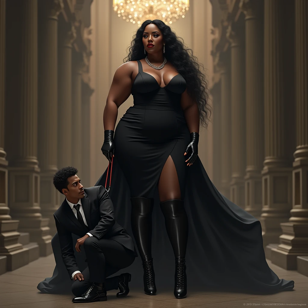 (photorealism:1.2) . beautifu ebony plus size dark chocolate skinned tone melanin women, with long flowing black hair bbw plus size curvaeous woman radiating authority ,A woman in long boots, black dress and black gloves holding another kneeling white man in formal clothes on a leash,