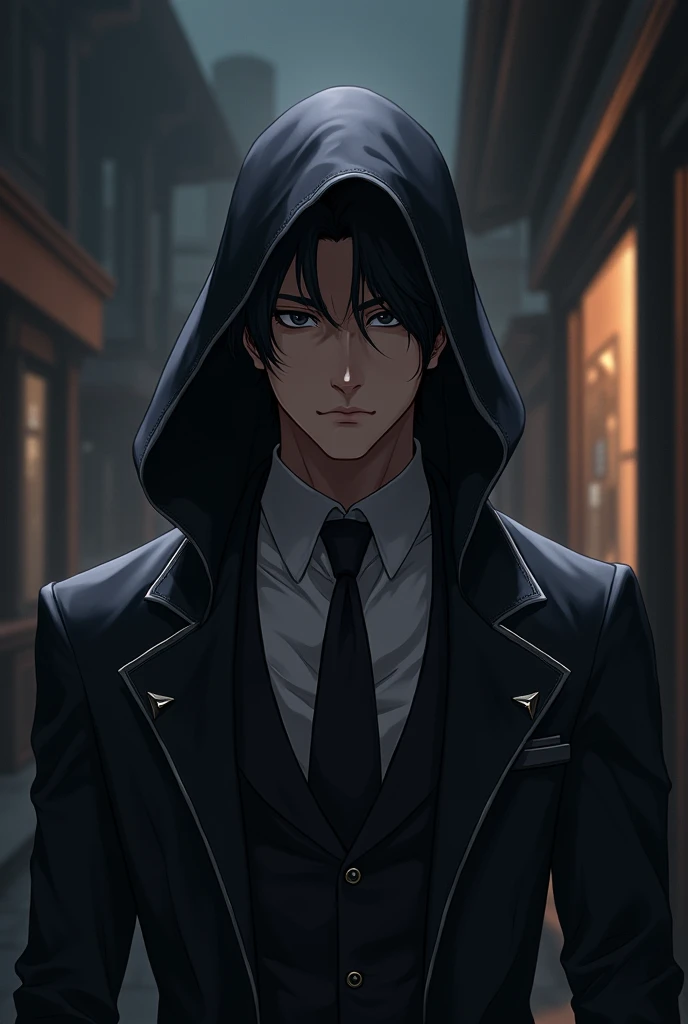 Anime man in elegant suit that has a hood covering half of his face from the nose up