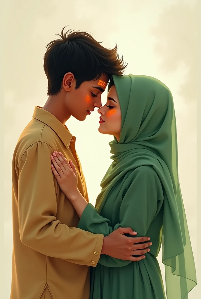 Hindu boy with orange tilak kissing Muslim girl wearing green hijab.
 