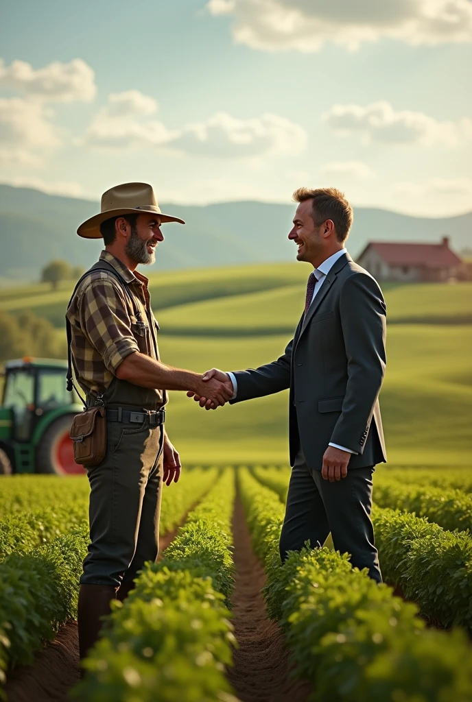 Agricultural land and one farmar and bank employ shake hand