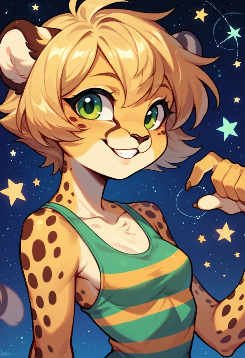 Anthropomorphic, cute, cheetah woman, short chic blonde hair, green eyes, hourglass, small breasts, colorful striped tank top, cheerful smile, portrait, stars background