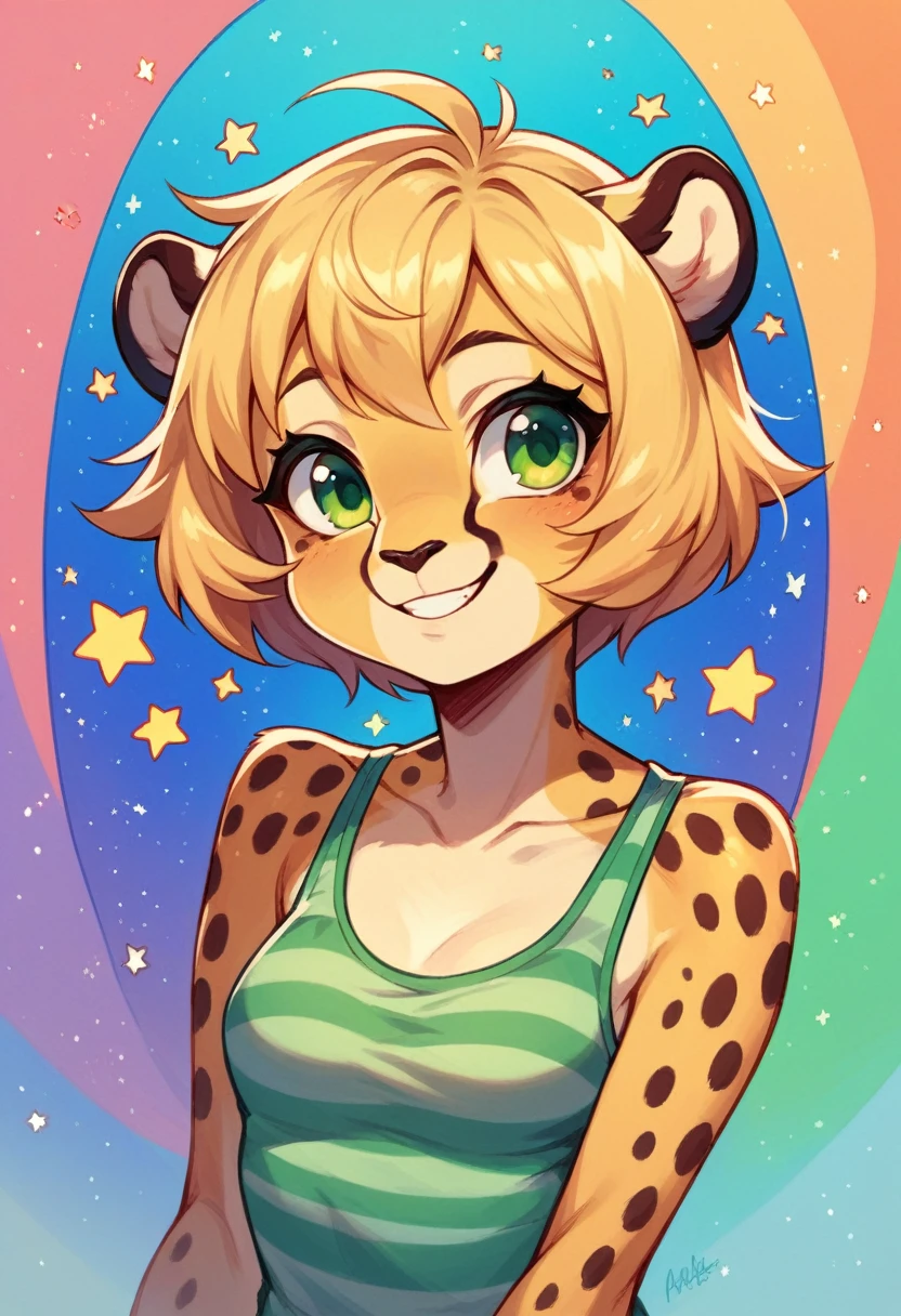 Anthropomorphic, cute, cheetah woman, short chic blonde hair, green eyes, hourglass, small breasts, colorful striped tank top, cheerful smile, portrait, stars background