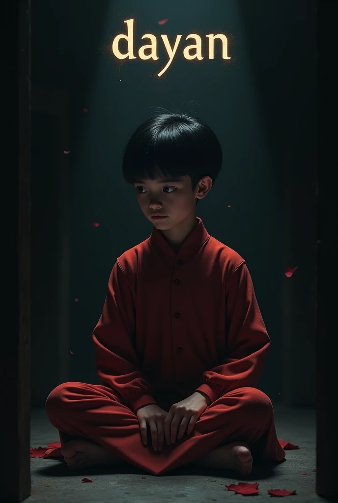A boy in a dark room who is wearing light red clothes and the place is dark, the boy's face is fully visible and the word 'DaYaN' is written on the top of the image and with a very good font