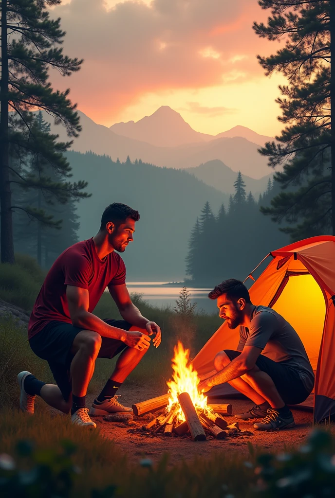 Ronaldo setting up a tent while Messi builds a campfire.