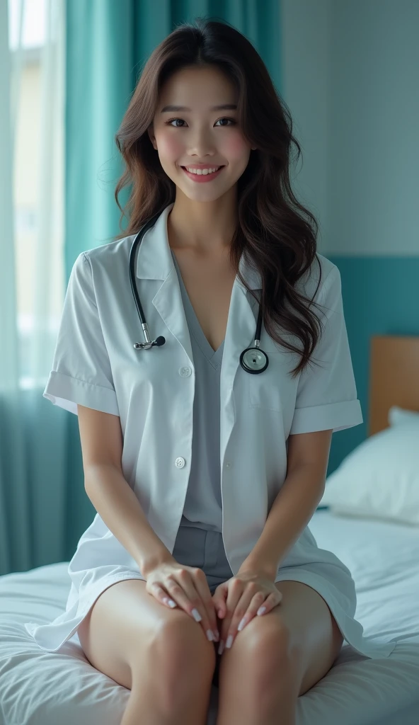 Thai Women,((30 years old)),nurse, Beautiful Face, White skin, Doctor Suit, Stethoscope, Big Hips, A kind smile, Cute Face, โรงnurse, Sit on the bed,Unbutton all buttons on your shirt.,sexy, The ends of the thighs and a little bit of the genitals are visible.