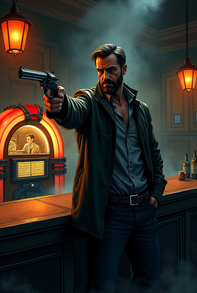 drawn in the form of a colored drawing, a bartender pointing a gun at a man