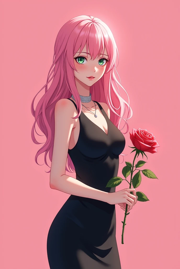 Cover Design for “Shared Silence” – Introducing Lara Against a vibrant pink backdrop, Lara stands out like a ray of sunshine. Her vibrant, cotton candy pink hair, styled in loose, effortless waves, cascades down her back and shoulders. A few strands frame her heart-shaped face, highlighting her striking emerald eyes that shine with a depth of emotion. Lara’s porcelain skin glistens in the warm light, accentuating her delicate features. Her lips, painted a subtle, sensual burgundy, curve into a wistful smile, as if sharing a secret. A smattering of freckles across her nose adds a touch of whimsy. She wears a fitted, knee-length black dress, its silky fabric draped elegantly over her slender frame. A delicate silver choker necklace encircles her slender neck, the subtle sparkle hinting at her introspective nature. Lara’s hands, long and graceful, hold a single pink rose at her sides, its velvety petals almost like a mirror against her dress. The rose serves as a poignant metaphor for the blossoming emotions and unspoken connections within the story’s narrative. Do it anime style