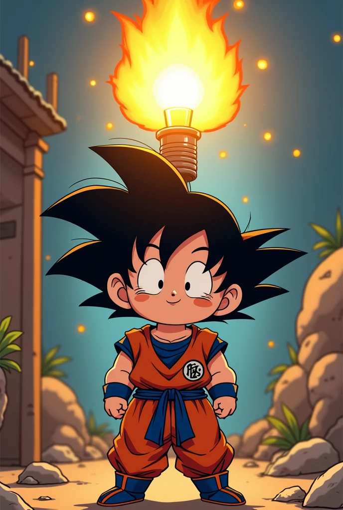 Goku ??? having an idea, cartoon lamp on top of his head anime dragon ball style