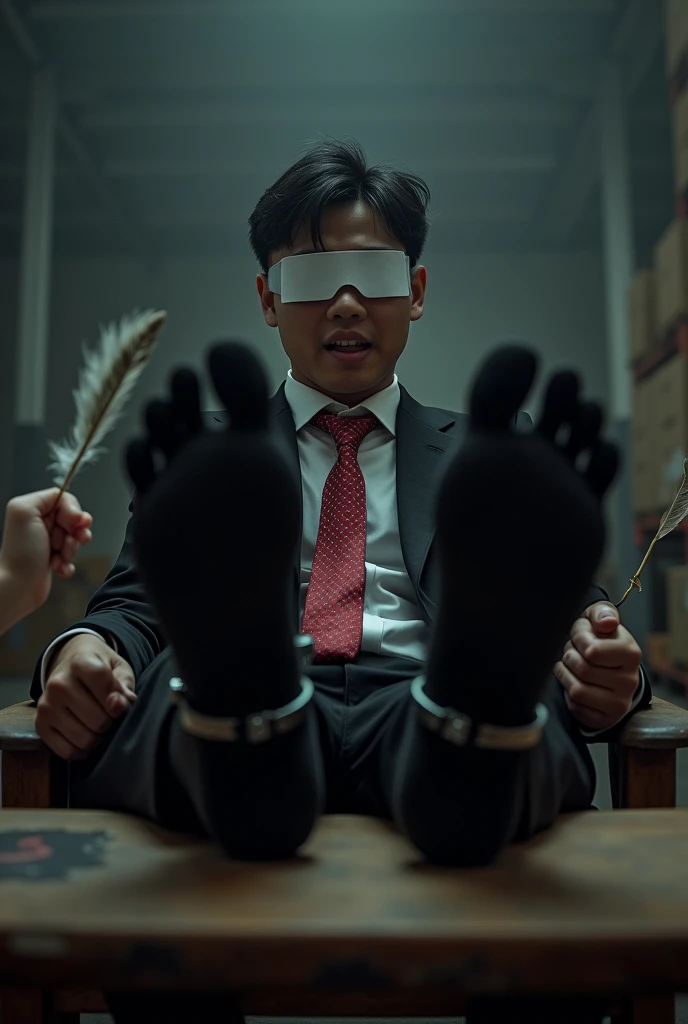 Malaysia malay handsome 22 years student
His handcuff in warehouse
Blindfolded
Black Suit and Red tie
feet on desk
feather
5 toes each feet
Black smelly sock
2 man under his feet
1 man take off his socks
1 man holding feather tickle his feet
He laugh very hard